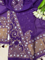 Purple Banarasi Premium Cotton Three Piece Unstitched Sona Roopa Flower Design Suit Set - Luxurion World