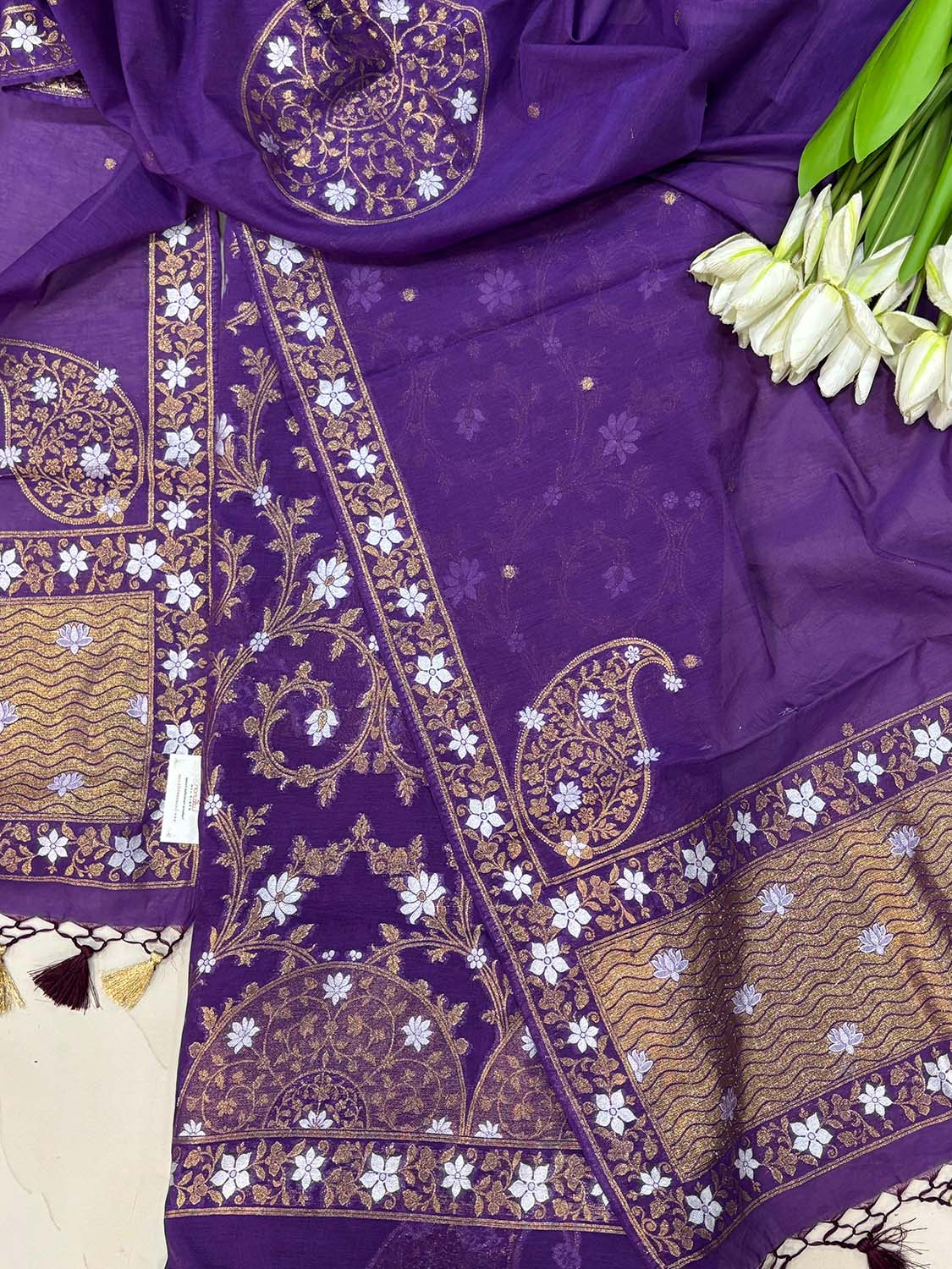 Purple Banarasi Premium Cotton Three Piece Unstitched Sona Roopa Flower Design Suit Set - Luxurion World