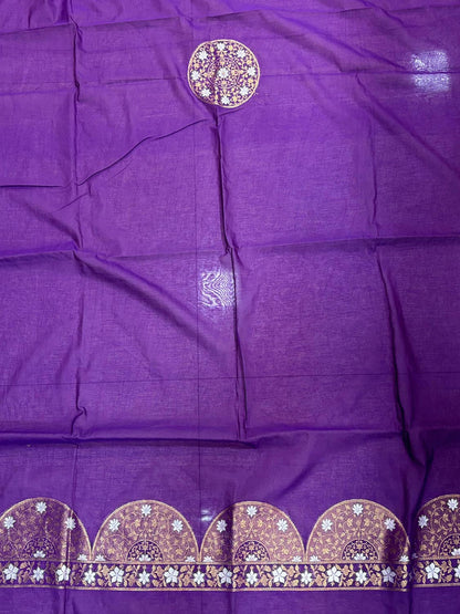 Purple Banarasi Premium Cotton Three Piece Unstitched Sona Roopa Flower Design Suit Set - Luxurion World