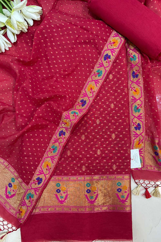 Red Banarasi Paithani Premium Cotton Three Piece Unstitched Suit Set - Luxurion World