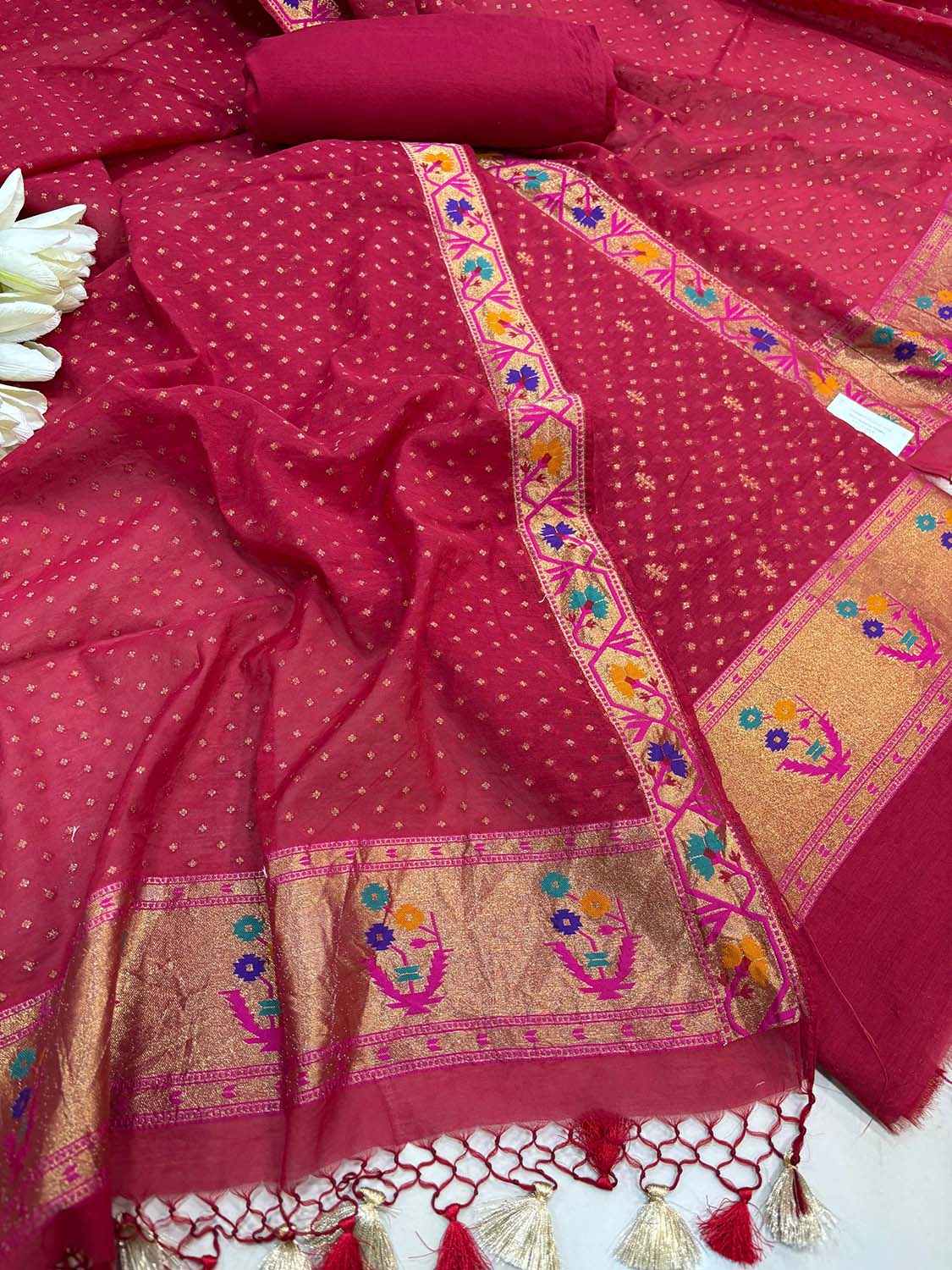 Red Banarasi Paithani Premium Cotton Three Piece Unstitched Suit Set - Luxurion World