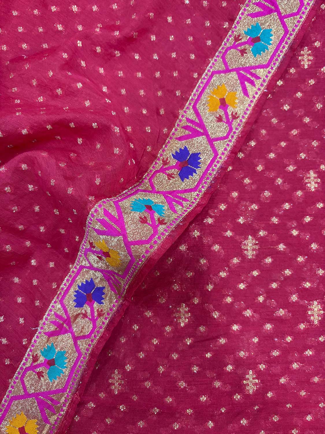 Red Banarasi Paithani Premium Cotton Three Piece Unstitched Suit Set - Luxurion World