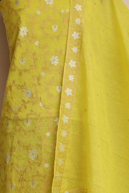 Green Banarasi Premium Cotton Three Piece Unstitched Sona Roopa Flower Design Suit Set - Luxurion World