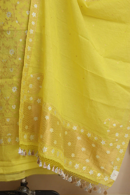 Green Banarasi Premium Cotton Three Piece Unstitched Sona Roopa Flower Design Suit Set - Luxurion World