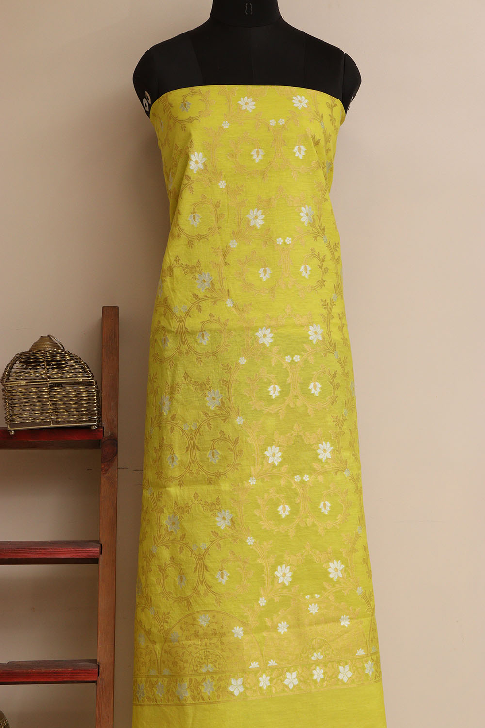 Green Banarasi Premium Cotton Three Piece Unstitched Sona Roopa Flower Design Suit Set - Luxurion World