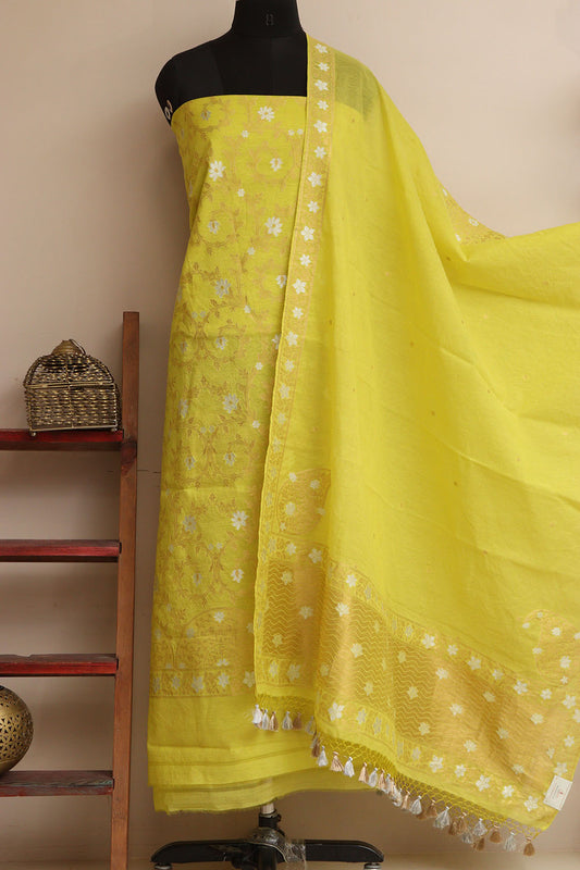 Green Banarasi Premium Cotton Three Piece Unstitched Sona Roopa Flower Design Suit Set - Luxurion World