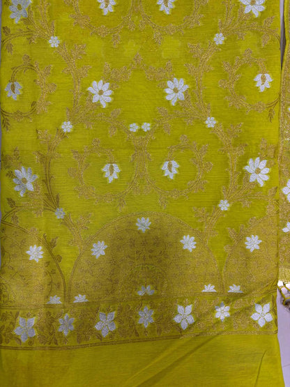 Green Banarasi Premium Cotton Three Piece Unstitched Sona Roopa Flower Design Suit Set - Luxurion World