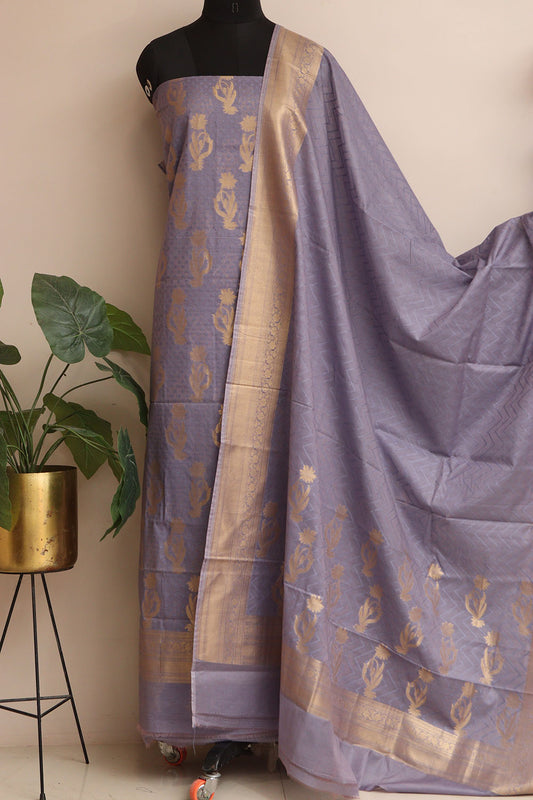 Purple Banarasi Premium Cotton Three Piece Unstitched Flower Design Suit Set - Luxurion World