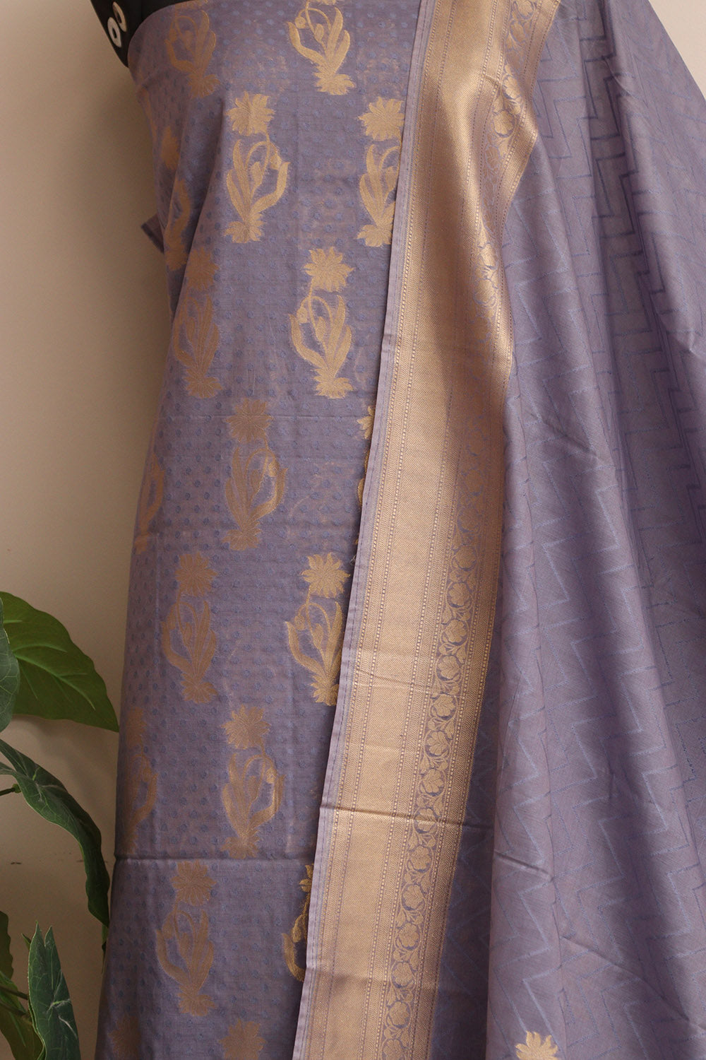 Purple Banarasi Premium Cotton Three Piece Unstitched Flower Design Suit Set - Luxurion World