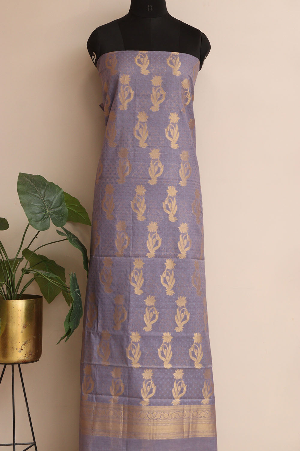Purple Banarasi Premium Cotton Three Piece Unstitched Flower Design Suit Set - Luxurion World