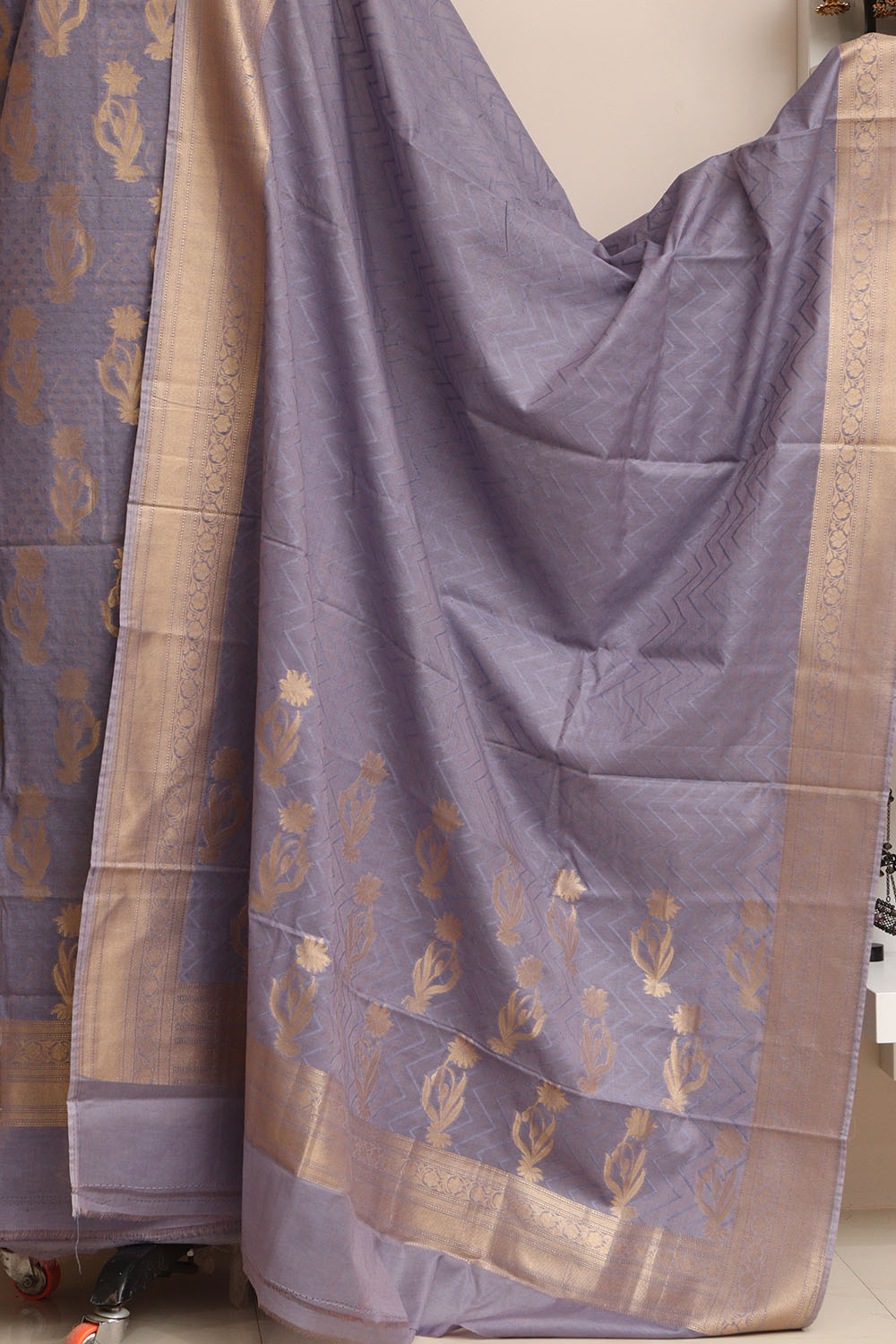 Purple Banarasi Premium Cotton Three Piece Unstitched Flower Design Suit Set - Luxurion World