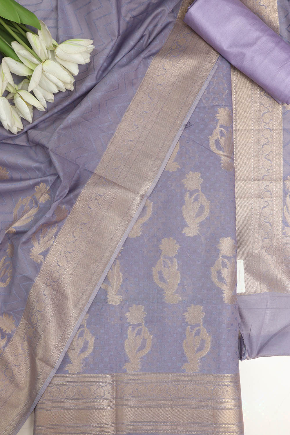 Purple Banarasi Premium Cotton Three Piece Unstitched Flower Design Suit Set - Luxurion World