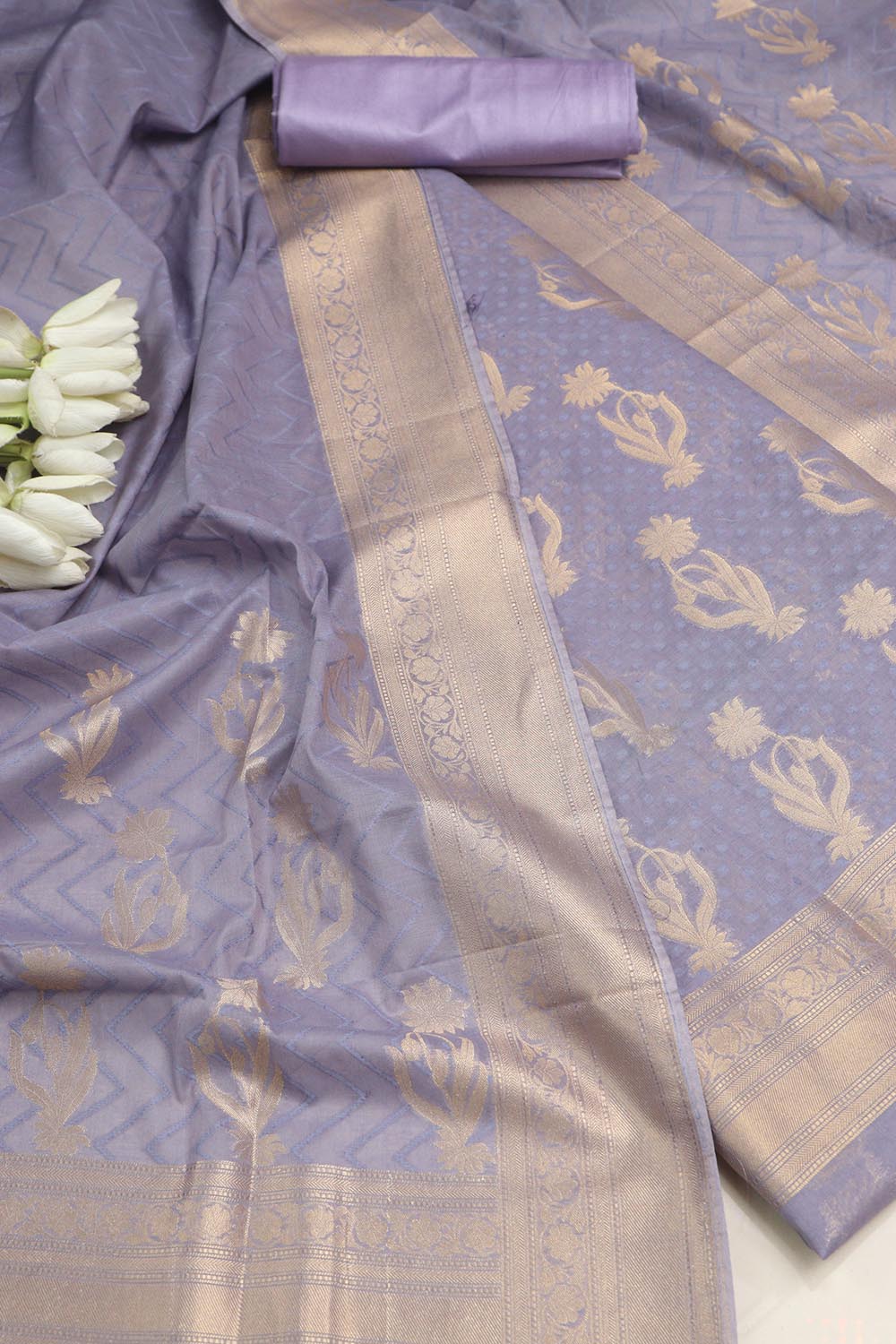 Purple Banarasi Premium Cotton Three Piece Unstitched Flower Design Suit Set - Luxurion World