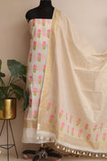 Off White Banarasi Premium Cotton Three Piece Unstitched Meenakari Flower Design Suit Set - Luxurion World