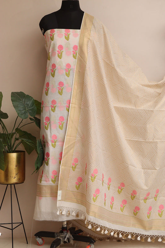 Off White Banarasi Premium Cotton Three Piece Unstitched Meenakari Flower Design Suit Set - Luxurion World
