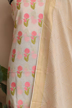 Off White Banarasi Premium Cotton Three Piece Unstitched Meenakari Flower Design Suit Set - Luxurion World