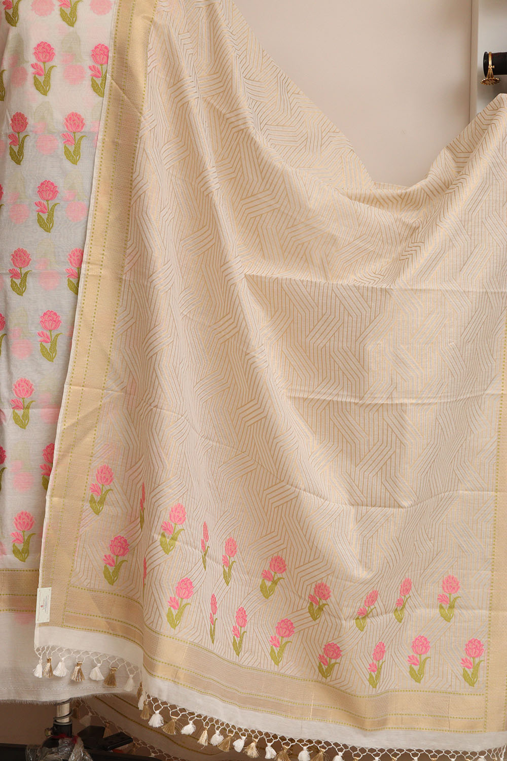 Off White Banarasi Premium Cotton Three Piece Unstitched Meenakari Flower Design Suit Set - Luxurion World