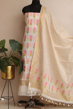 Off White Banarasi Premium Cotton Three Piece Unstitched Meenakari Flower Design Suit Set - Luxurion World