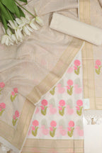 Off White Banarasi Premium Cotton Three Piece Unstitched Meenakari Flower Design Suit Set - Luxurion World