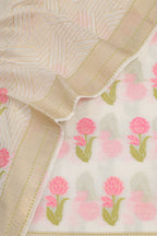 Off White Banarasi Premium Cotton Three Piece Unstitched Meenakari Flower Design Suit Set - Luxurion World