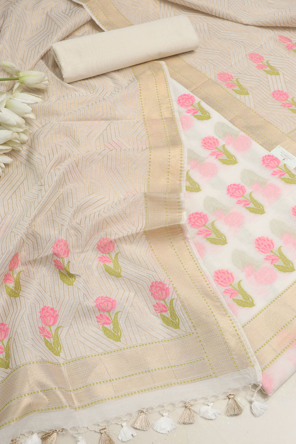 Off White Banarasi Premium Cotton Three Piece Unstitched Meenakari Flower Design Suit Set - Luxurion World