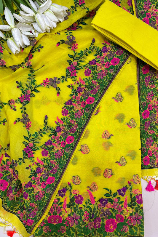 Yellow Banarasi Premium Cotton Three Piece Unstitched Meenakari Flower And Butterfly Design Suit Set - Luxurion World