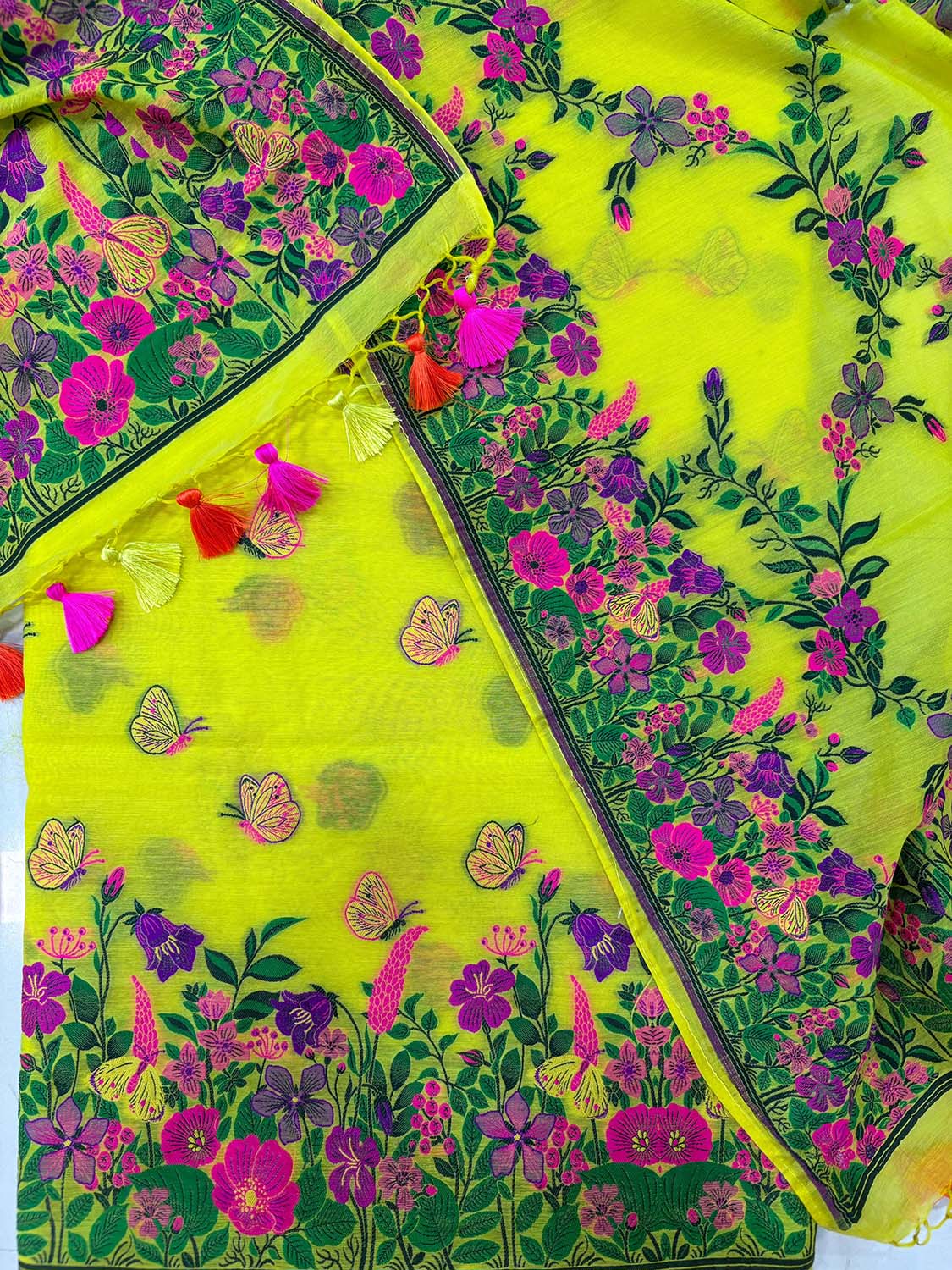 Yellow Banarasi Premium Cotton Three Piece Unstitched Meenakari Flower And Butterfly Design Suit Set - Luxurion World