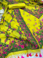 Yellow Banarasi Premium Cotton Three Piece Unstitched Meenakari Flower And Butterfly Design Suit Set - Luxurion World