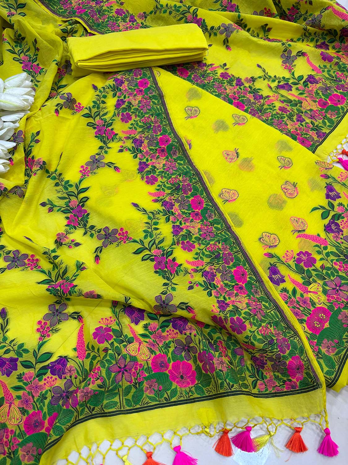 Yellow Banarasi Premium Cotton Three Piece Unstitched Meenakari Flower And Butterfly Design Suit Set - Luxurion World