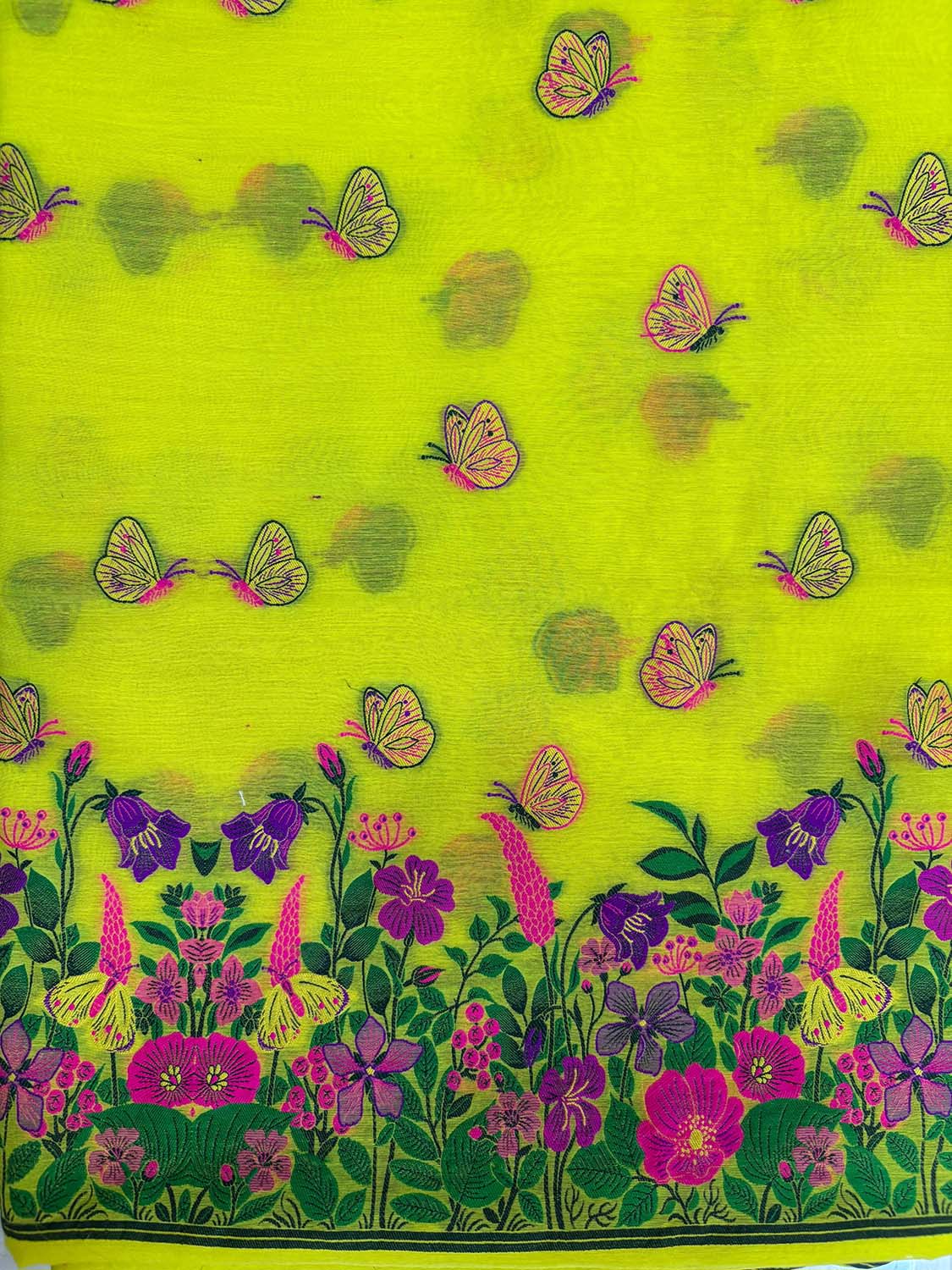 Yellow Banarasi Premium Cotton Three Piece Unstitched Meenakari Flower And Butterfly Design Suit Set - Luxurion World