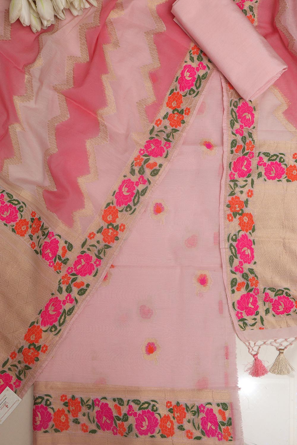 Pink Banarasi Cotton Silk Meenakari Three Piece Unstitched Suit Set - Luxurion World