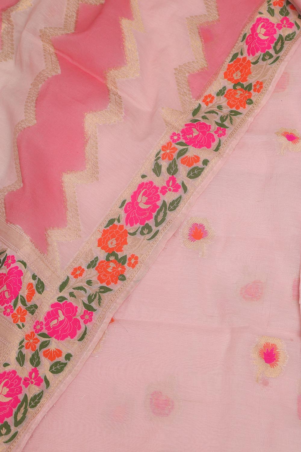 Pink Banarasi Cotton Silk Meenakari Three Piece Unstitched Suit Set - Luxurion World