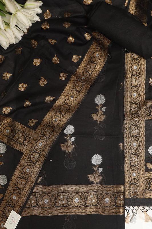 Black Banarasi Cotton Silk Sona Roopa Three Piece Unstitched Suit Set - Luxurion World