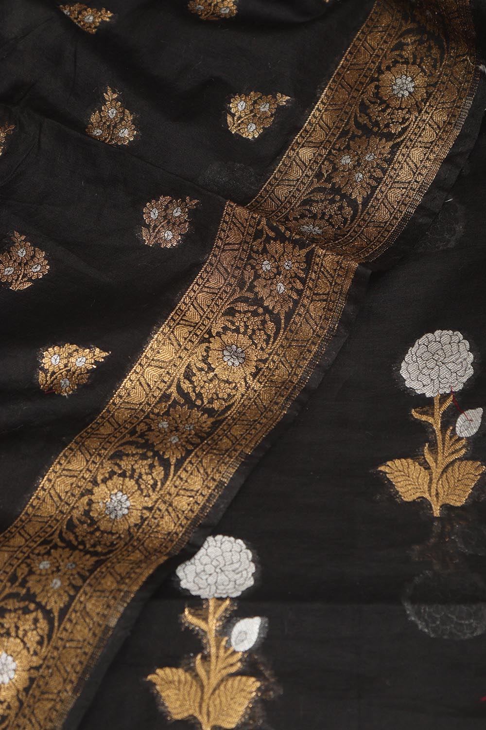 Black Banarasi Cotton Silk Sona Roopa Three Piece Unstitched Suit Set - Luxurion World