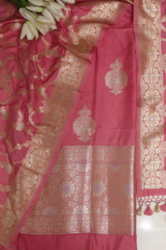 Pink Banarasi Silk Sona Roopa Three Piece Unstitched Suit Set - Luxurion World