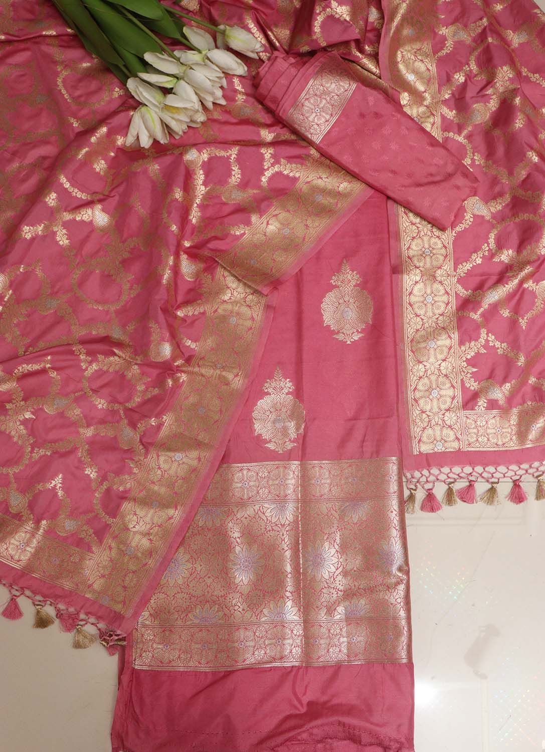 Pink Banarasi Silk Sona Roopa Three Piece Unstitched Suit Set - Luxurion World