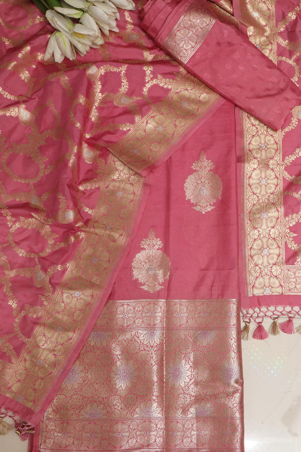 Pink Banarasi Silk Sona Roopa Three Piece Unstitched Suit Set - Luxurion World