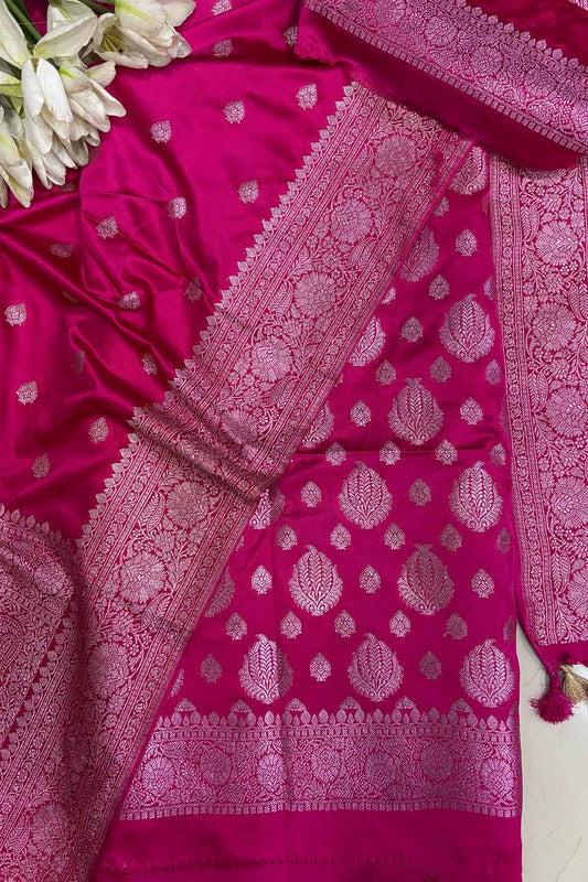 Pink Banarasi Mashru Silk Boota Design Three Piece Unstitched Suit Set - Luxurion World