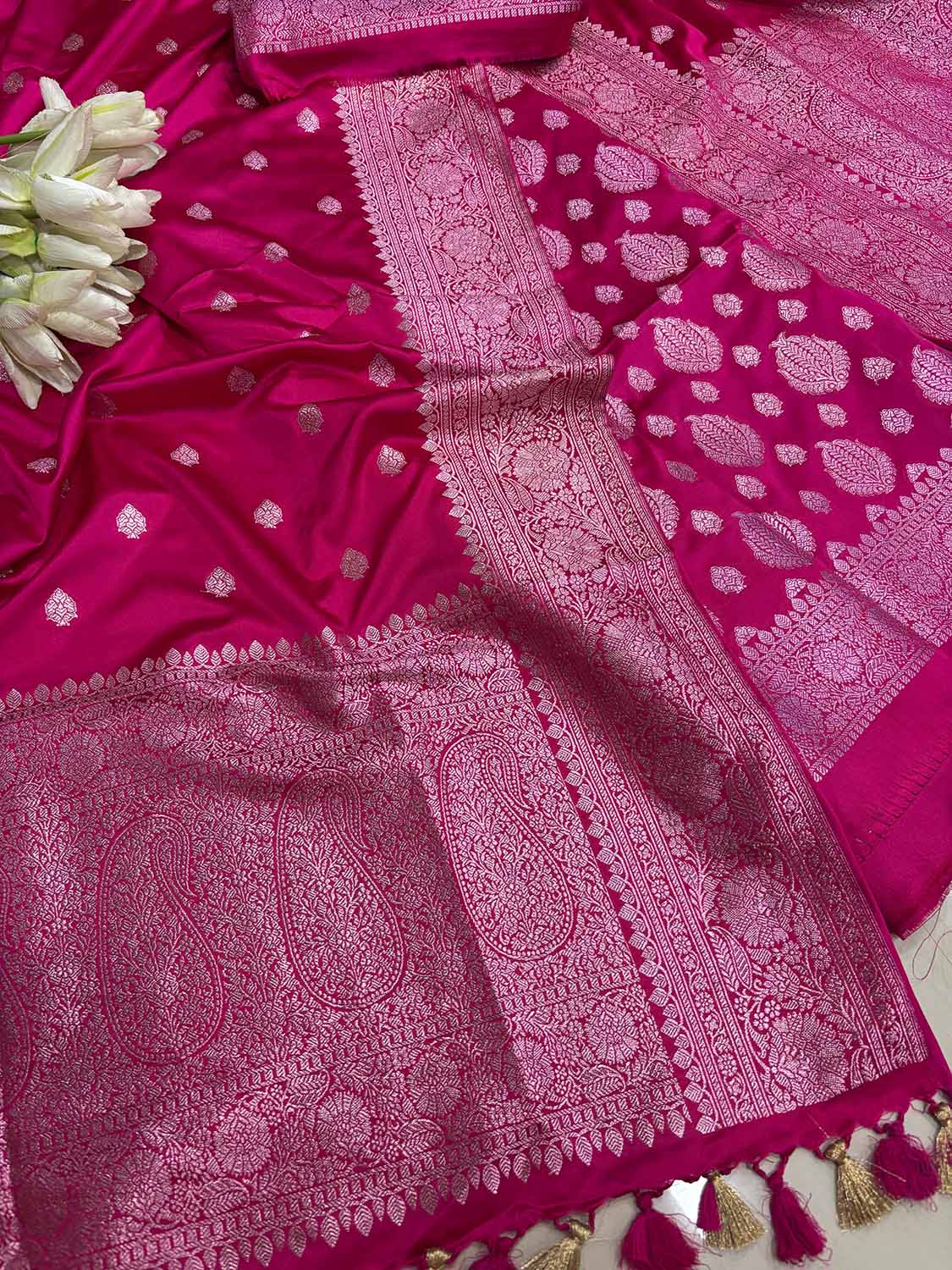 Pink Banarasi Mashru Silk Boota Design Three Piece Unstitched Suit Set - Luxurion World