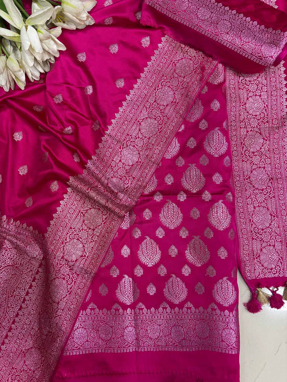 Pink Banarasi Mashru Silk Boota Design Three Piece Unstitched Suit Set - Luxurion World