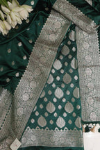 Green Banarasi Mashru Silk Boota Design Three Piece Unstitched Suit Set - Luxurion World