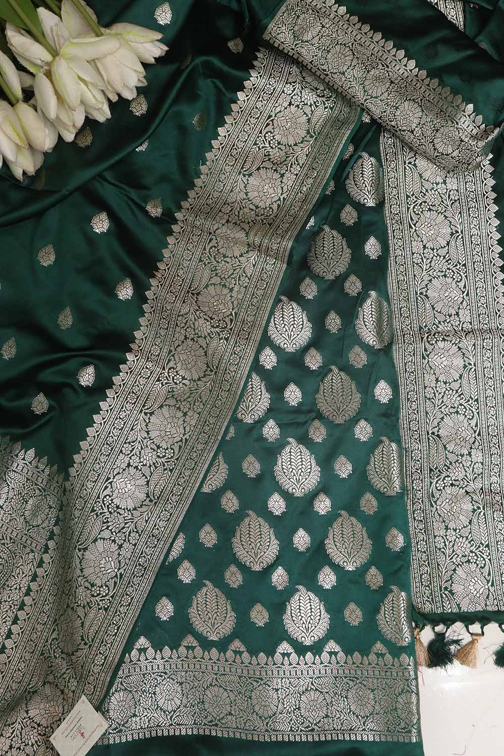 Green Banarasi Mashru Silk Boota Design Three Piece Unstitched Suit Set - Luxurion World
