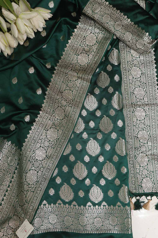 Green Banarasi Mashru Silk Boota Design Three Piece Unstitched Suit Set - Luxurion World