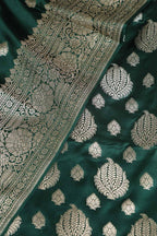 Green Banarasi Mashru Silk Boota Design Three Piece Unstitched Suit Set - Luxurion World