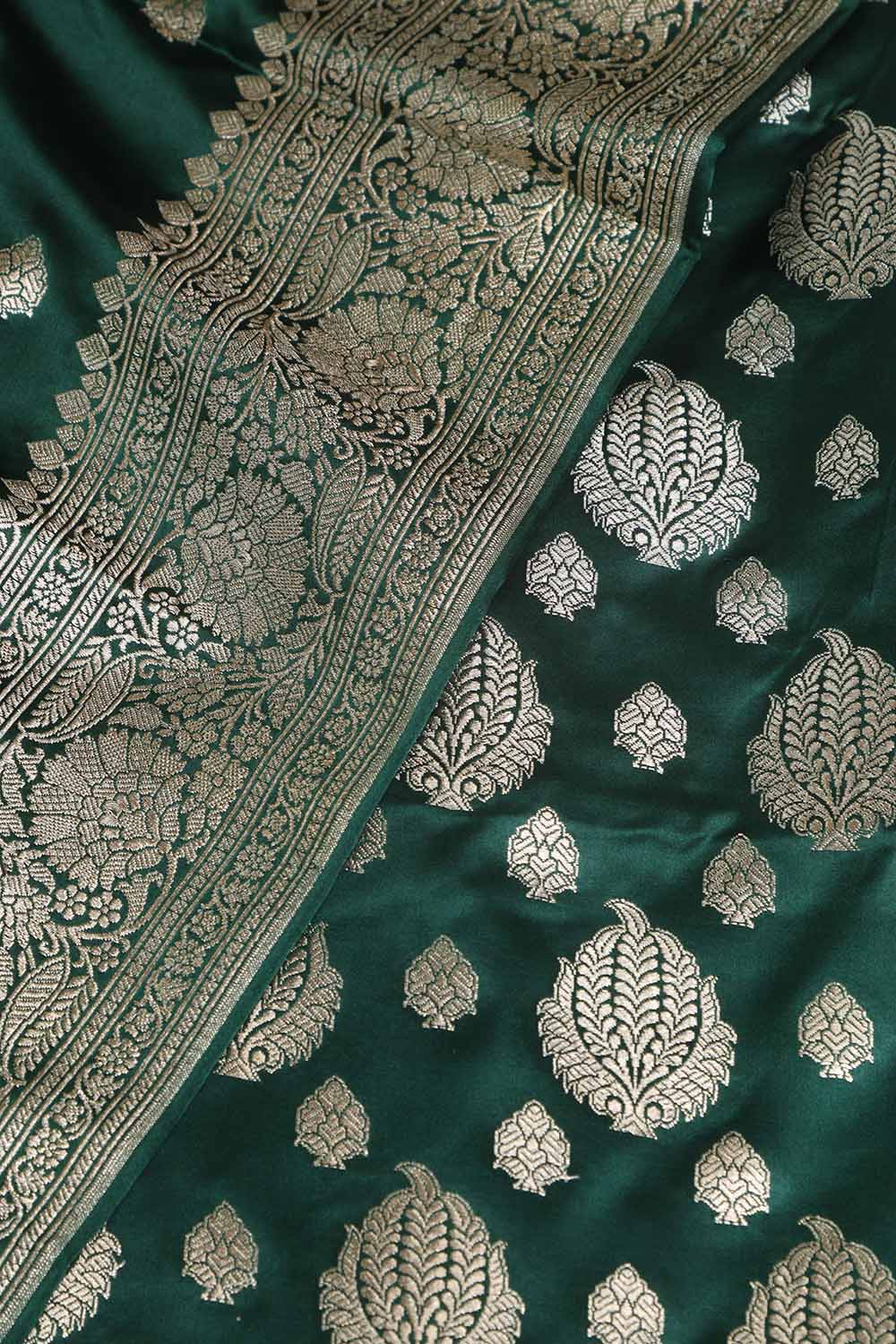 Green Banarasi Mashru Silk Boota Design Three Piece Unstitched Suit Set - Luxurion World