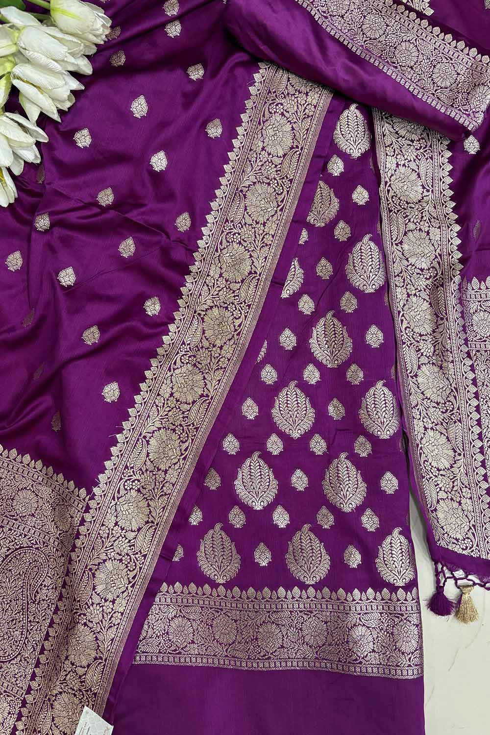 Purple Banarasi Mashru Silk Boota Design Three Piece Unstitched Suit Set - Luxurion World