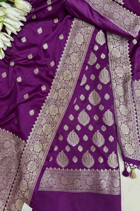 Purple Banarasi Mashru Silk Boota Design Three Piece Unstitched Suit Set - Luxurion World