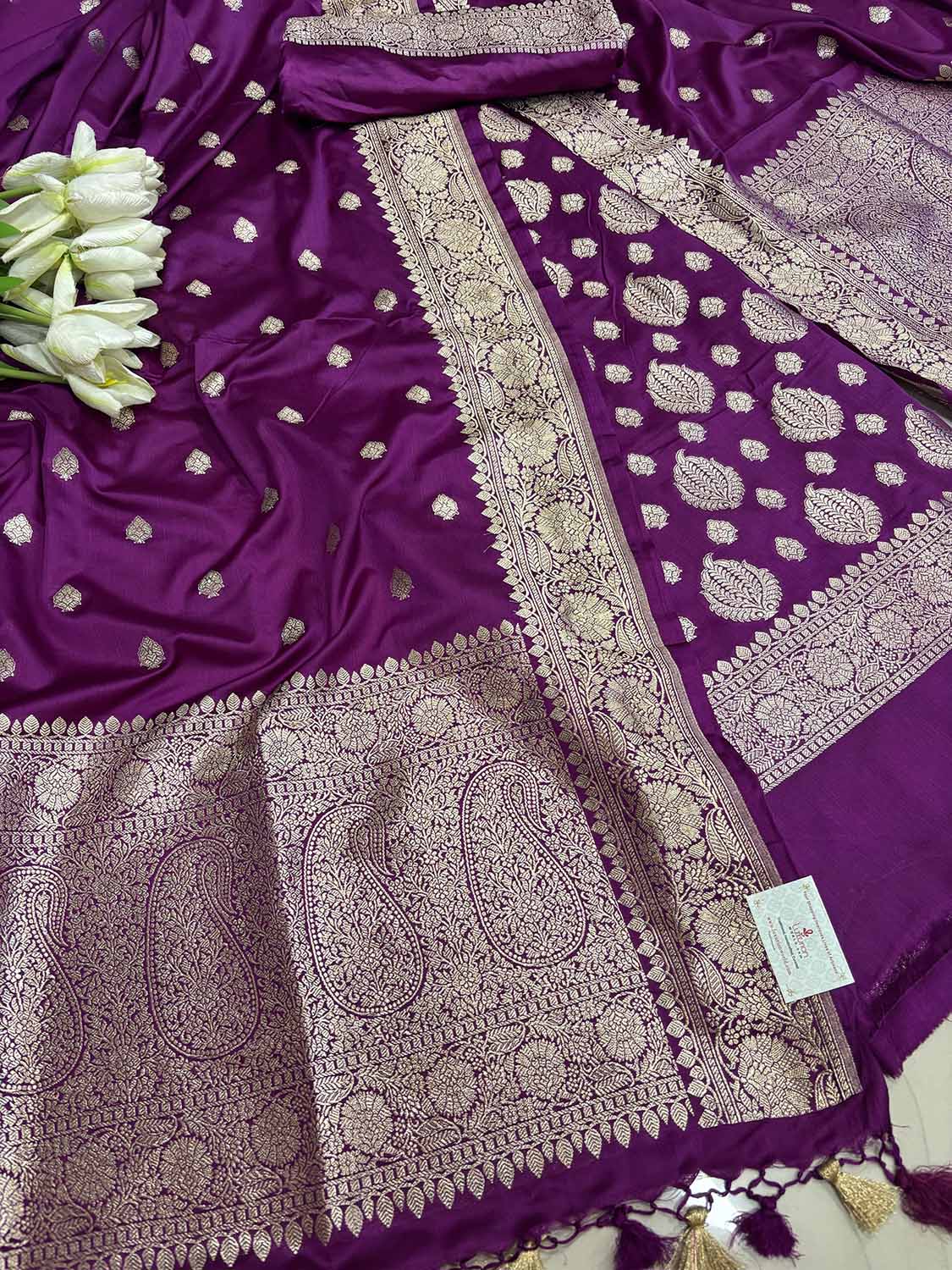 Purple Banarasi Mashru Silk Boota Design Three Piece Unstitched Suit Set - Luxurion World