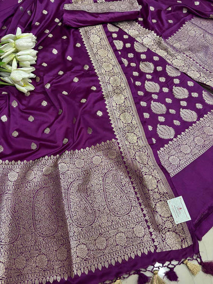 Purple Banarasi Mashru Silk Boota Design Three Piece Unstitched Suit Set - Luxurion World