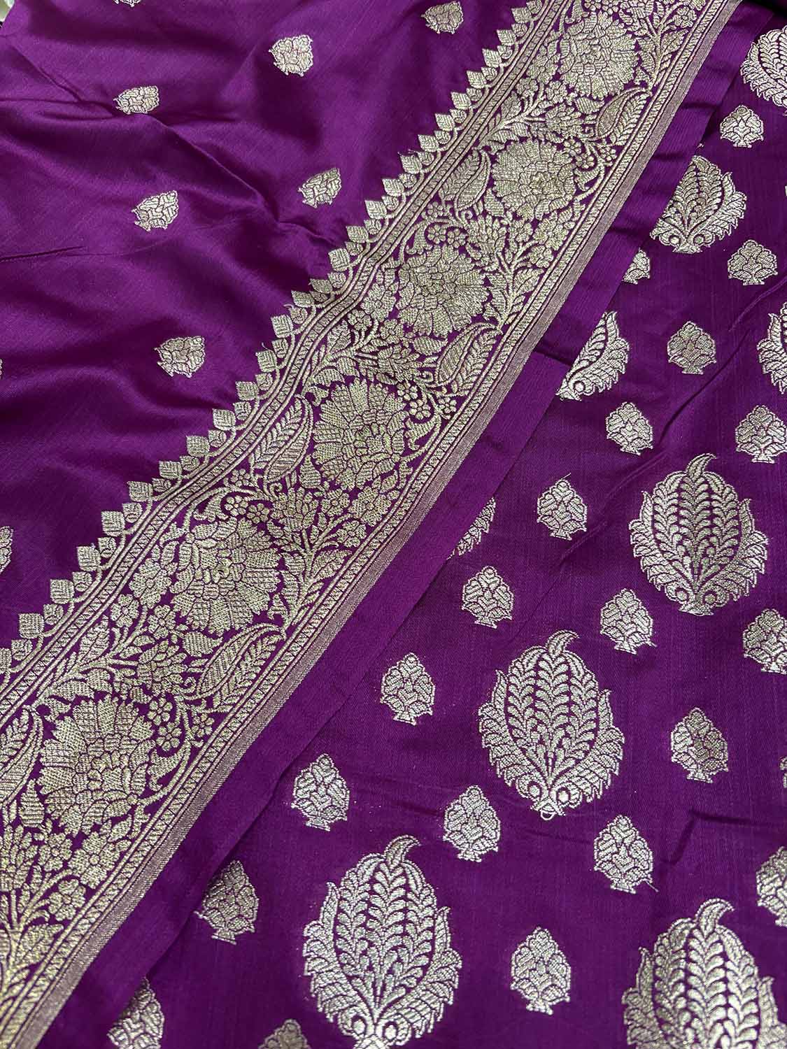 Purple Banarasi Mashru Silk Boota Design Three Piece Unstitched Suit Set - Luxurion World